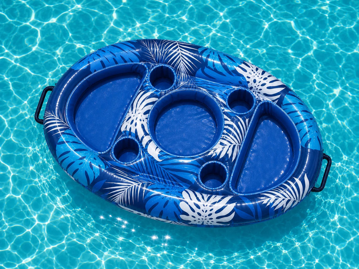 Overhead view of the empty Poolora Float serving tray in clear water